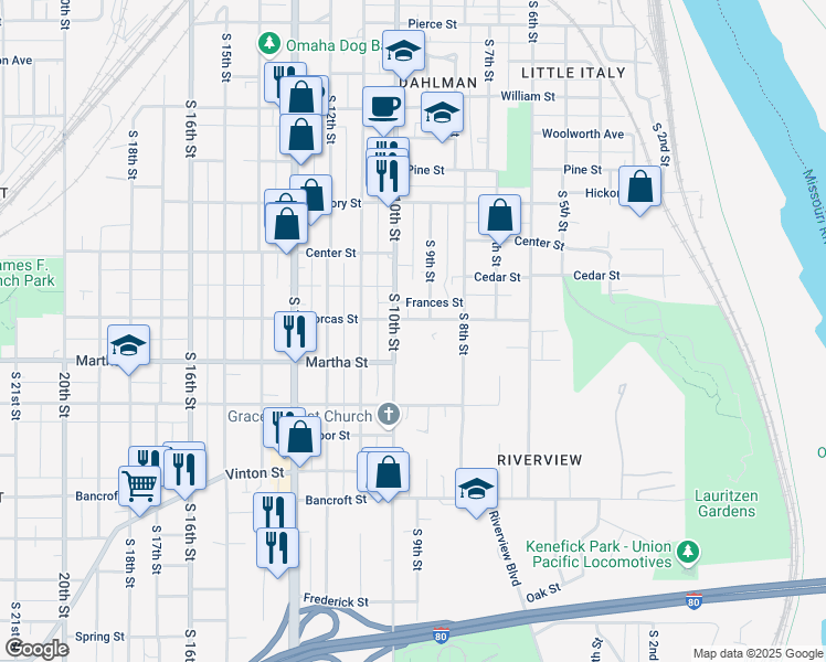 map of restaurants, bars, coffee shops, grocery stores, and more near 2109 South 9th Street in Omaha