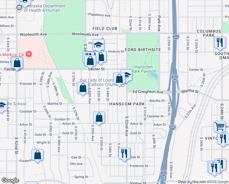 map of restaurants, bars, coffee shops, grocery stores, and more near 2115 South 34th Street in Omaha