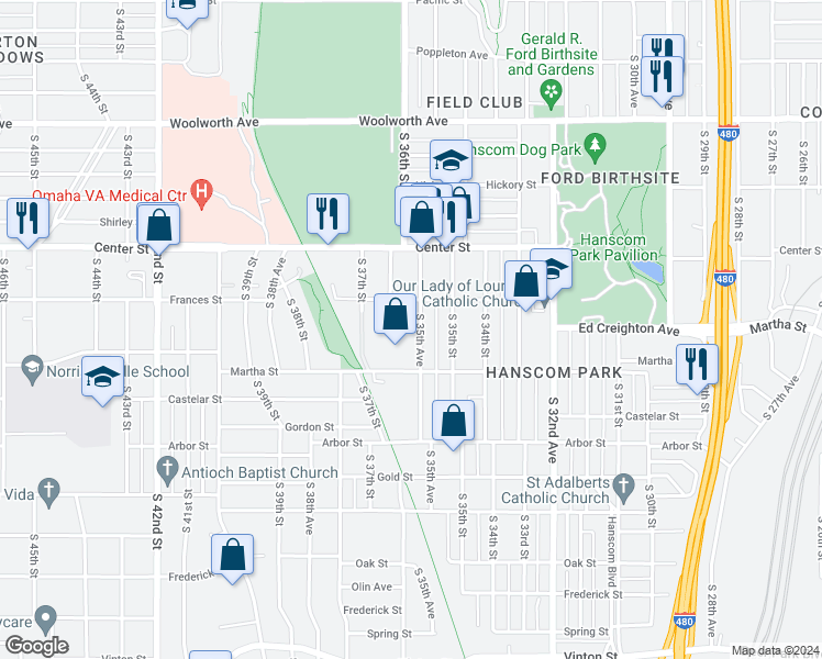 map of restaurants, bars, coffee shops, grocery stores, and more near 2109 South 35th Avenue in Omaha