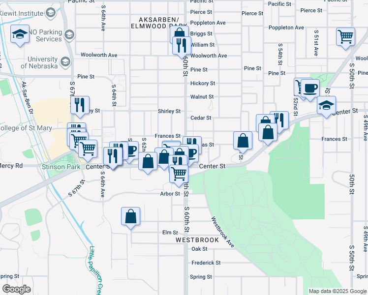 map of restaurants, bars, coffee shops, grocery stores, and more near 2121 South 60th Street in Omaha