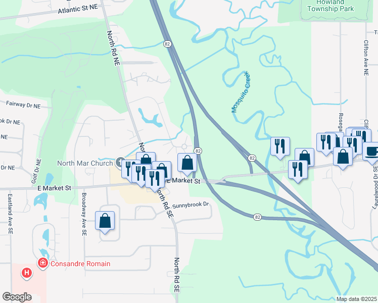 map of restaurants, bars, coffee shops, grocery stores, and more near 359 Quarry Lane Northeast in Warren