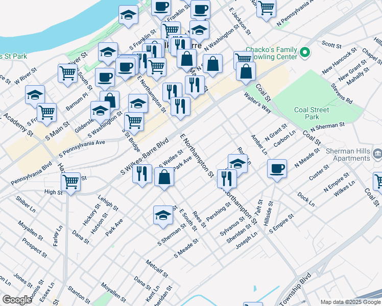 map of restaurants, bars, coffee shops, grocery stores, and more near 219 East Northampton Street in Wilkes-Barre