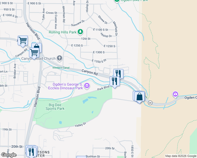 map of restaurants, bars, coffee shops, grocery stores, and more near 1627 Canyon Rd in Ogden