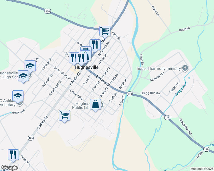 map of restaurants, bars, coffee shops, grocery stores, and more near 35-55 North 4th Street in Hughesville