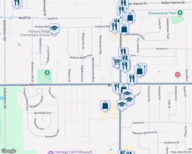 map of restaurants, bars, coffee shops, grocery stores, and more near 1318 Meadowbrook Boulevard in Brunswick