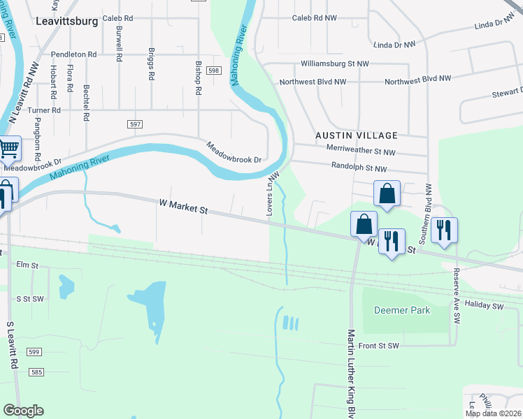 map of restaurants, bars, coffee shops, grocery stores, and more near 3400 West Market Street in Warren