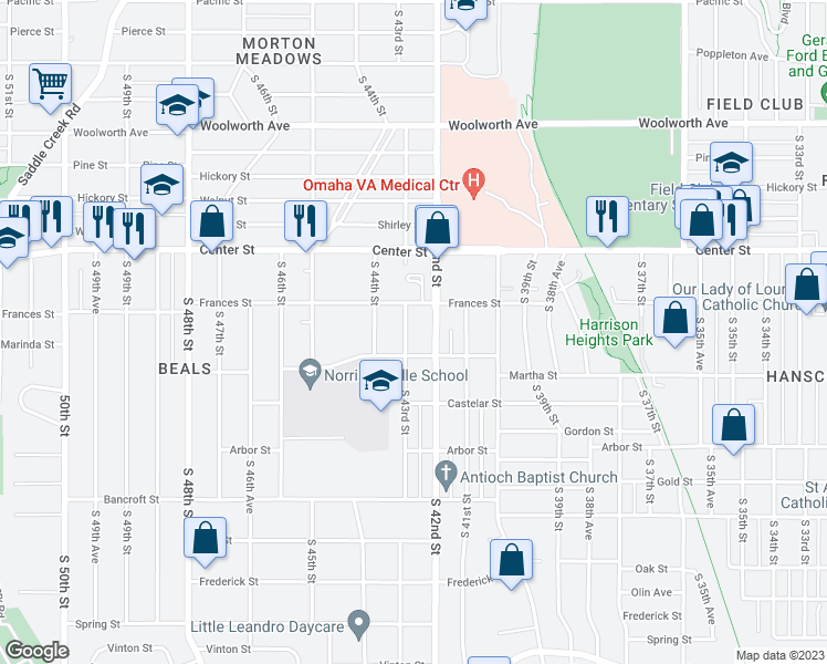 map of restaurants, bars, coffee shops, grocery stores, and more near 2121 South 43rd Street in Omaha