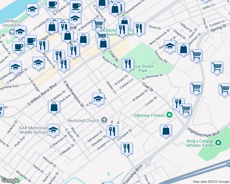 map of restaurants, bars, coffee shops, grocery stores, and more near 109 Amber Ln in Wilkes-Barre