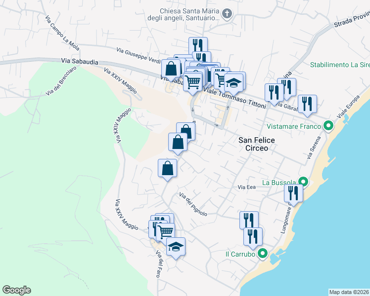 map of restaurants, bars, coffee shops, grocery stores, and more near 213 Via Roma in San Felice Circeo