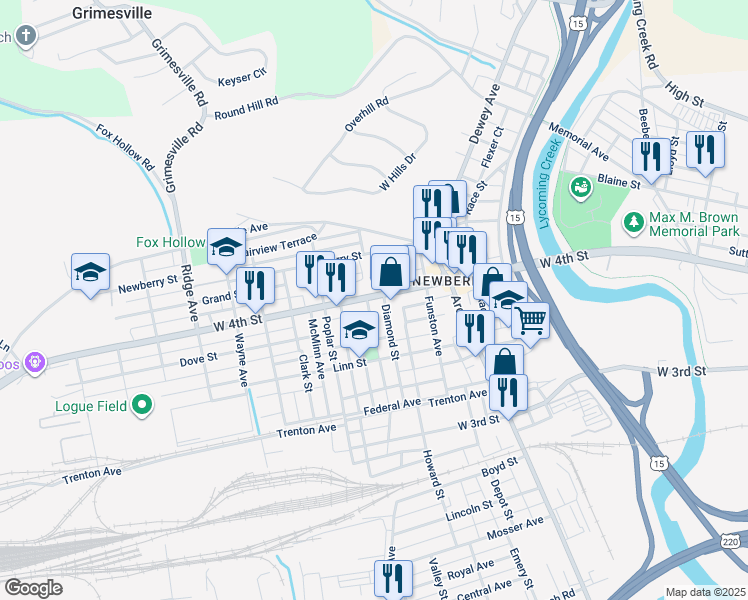 map of restaurants, bars, coffee shops, grocery stores, and more near 849 Diamond Street in Williamsport