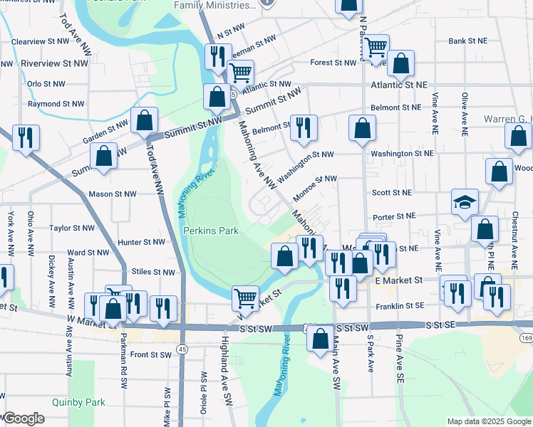 map of restaurants, bars, coffee shops, grocery stores, and more near Perkins Drive Northwest in Warren