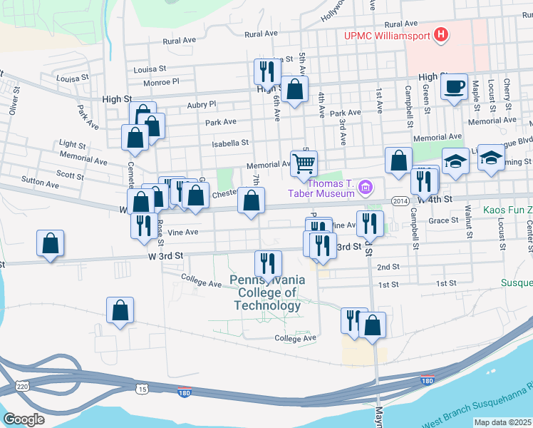 map of restaurants, bars, coffee shops, grocery stores, and more near in Williamsport