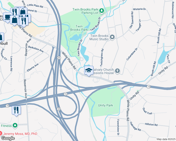 map of restaurants, bars, coffee shops, grocery stores, and more near 14 Village Drive in Trumbull