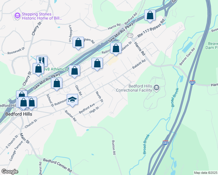 map of restaurants, bars, coffee shops, grocery stores, and more near 201 Babbitt Road in Bedford Hills