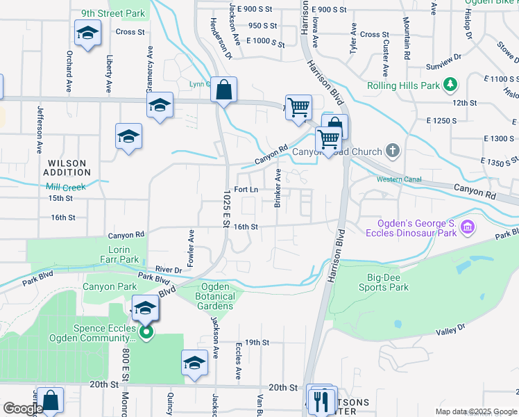 map of restaurants, bars, coffee shops, grocery stores, and more near 1499 Calver Court Drive in Ogden