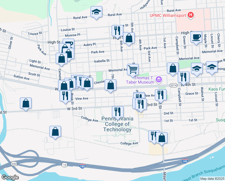 map of restaurants, bars, coffee shops, grocery stores, and more near in Williamsport