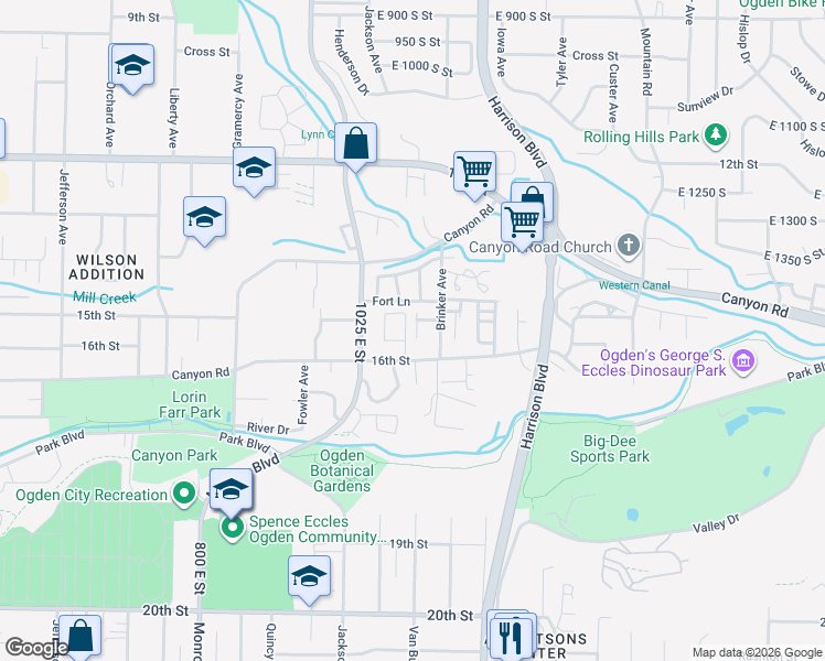 map of restaurants, bars, coffee shops, grocery stores, and more near 1499 Calver Court Drive in Ogden