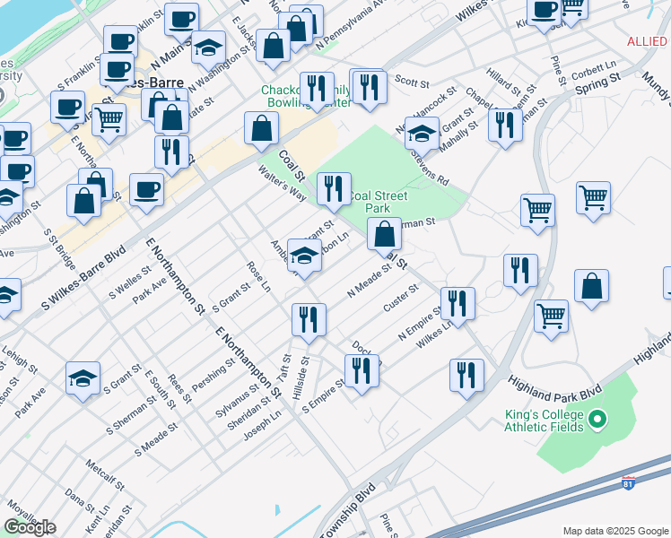 map of restaurants, bars, coffee shops, grocery stores, and more near 99 North Fulton Street in Wilkes-Barre