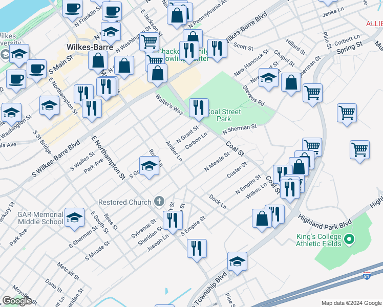map of restaurants, bars, coffee shops, grocery stores, and more near 50 North Sherman Street in Wilkes-Barre