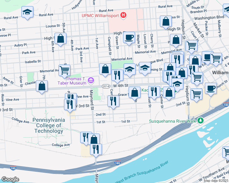 map of restaurants, bars, coffee shops, grocery stores, and more near 755 West 4th Street in Williamsport