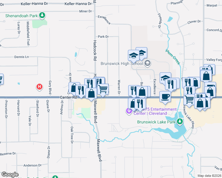 map of restaurants, bars, coffee shops, grocery stores, and more near 1326 Kent Drive in Brunswick
