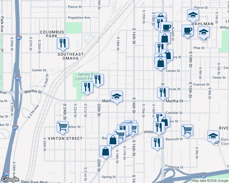 map of restaurants, bars, coffee shops, grocery stores, and more near 2202 South 18th Street in Omaha
