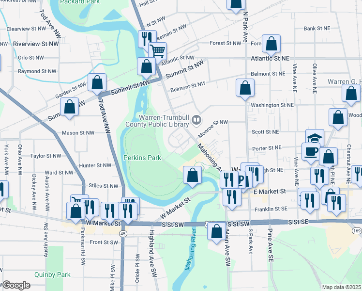 map of restaurants, bars, coffee shops, grocery stores, and more near Perkins Drive Northwest in Warren