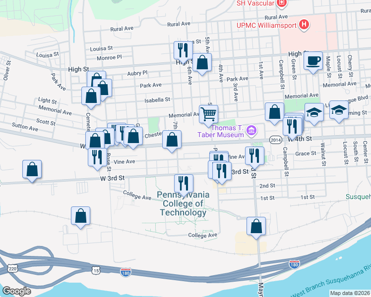 map of restaurants, bars, coffee shops, grocery stores, and more near 1063 West 4th Street in Williamsport