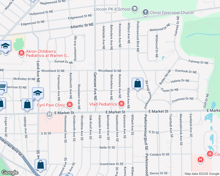 map of restaurants, bars, coffee shops, grocery stores, and more near 335 Belvedere Avenue Southeast in Warren