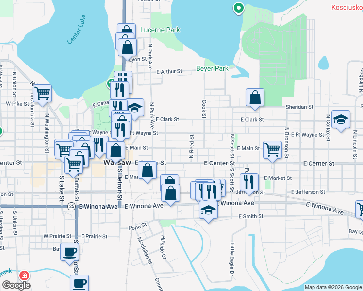map of restaurants, bars, coffee shops, grocery stores, and more near 711 East Main Street in Warsaw