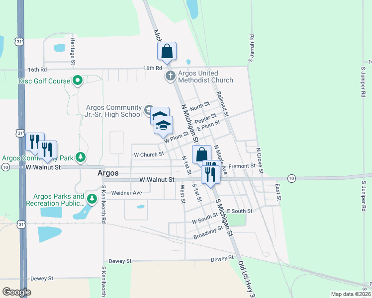 map of restaurants, bars, coffee shops, grocery stores, and more near 101-153 West Church Street in Argos