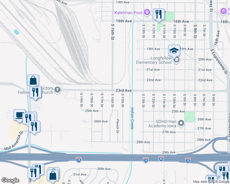 map of restaurants, bars, coffee shops, grocery stores, and more near in Council Bluffs