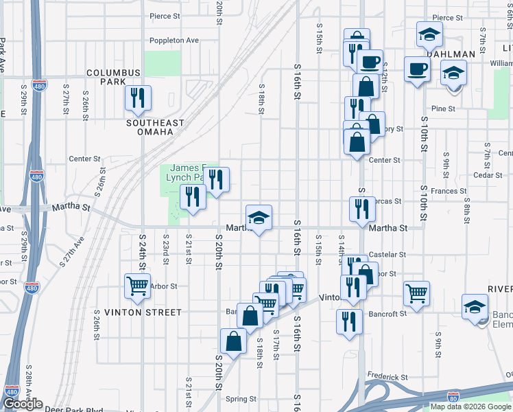 map of restaurants, bars, coffee shops, grocery stores, and more near 2202 South 18th Street in Omaha
