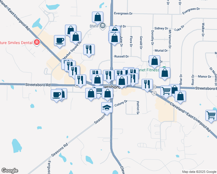 map of restaurants, bars, coffee shops, grocery stores, and more near Ohio 14 in Streetsboro