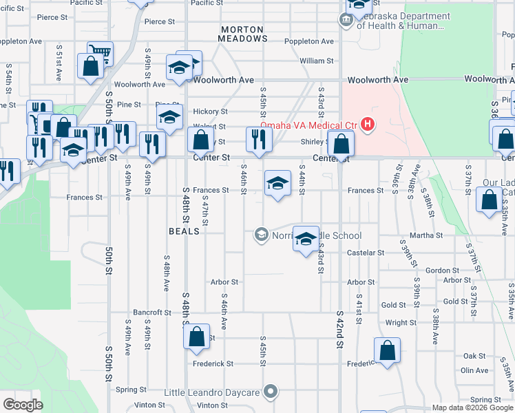 map of restaurants, bars, coffee shops, grocery stores, and more near 2108 South 45th Street in Omaha