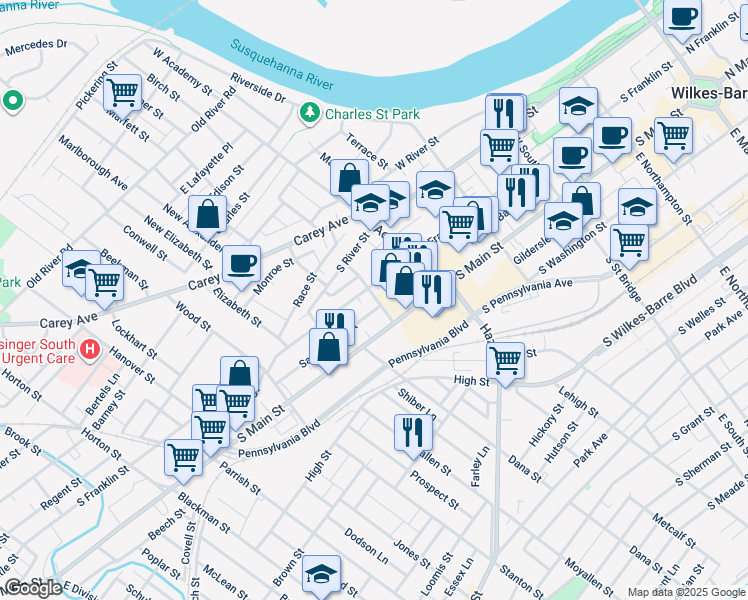 map of restaurants, bars, coffee shops, grocery stores, and more near 32 Sullivan Street in Wilkes-Barre