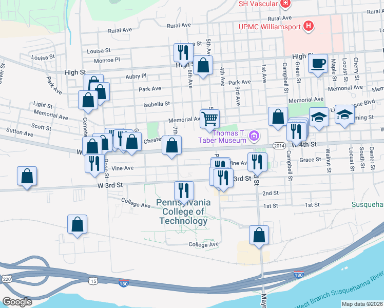 map of restaurants, bars, coffee shops, grocery stores, and more near in Williamsport