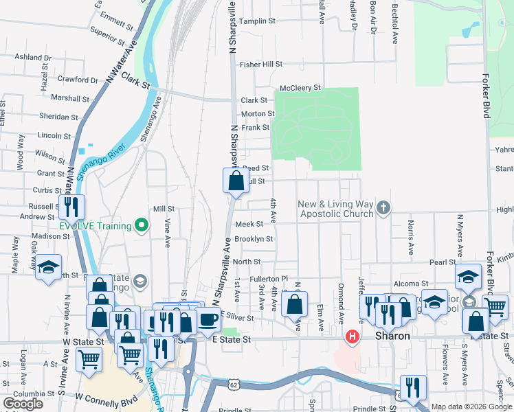 map of restaurants, bars, coffee shops, grocery stores, and more near 403 Delaware Street in Sharon
