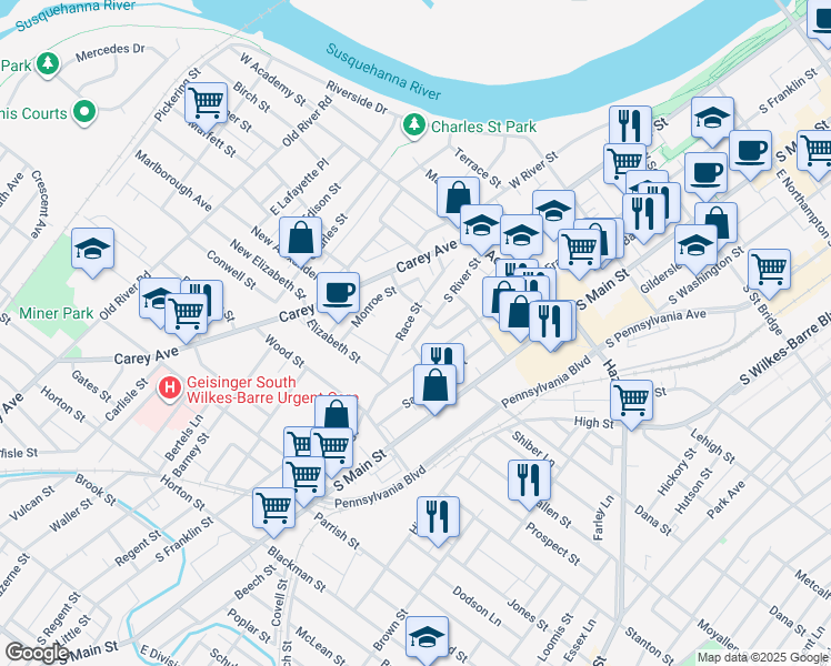 map of restaurants, bars, coffee shops, grocery stores, and more near 545 South Franklin Street in Wilkes-Barre