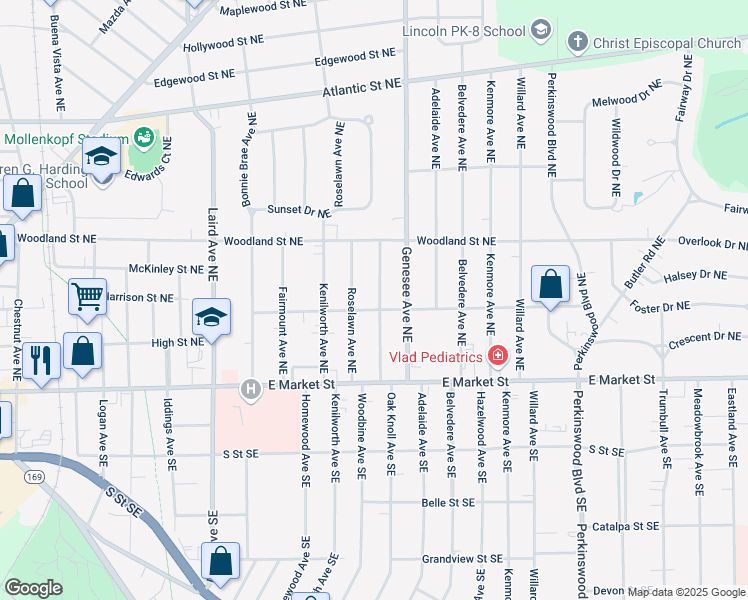 map of restaurants, bars, coffee shops, grocery stores, and more near 319 Oak Knoll Avenue Northeast in Warren