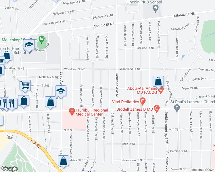 map of restaurants, bars, coffee shops, grocery stores, and more near 319 Oak Knoll Avenue Northeast in Warren