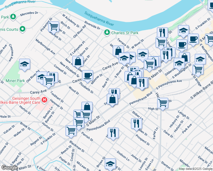 map of restaurants, bars, coffee shops, grocery stores, and more near 523 South River Street in Wilkes-Barre