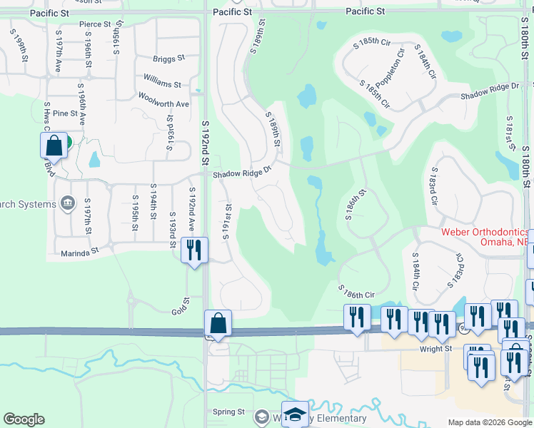 map of restaurants, bars, coffee shops, grocery stores, and more near 2124 South 190th Circle in Omaha