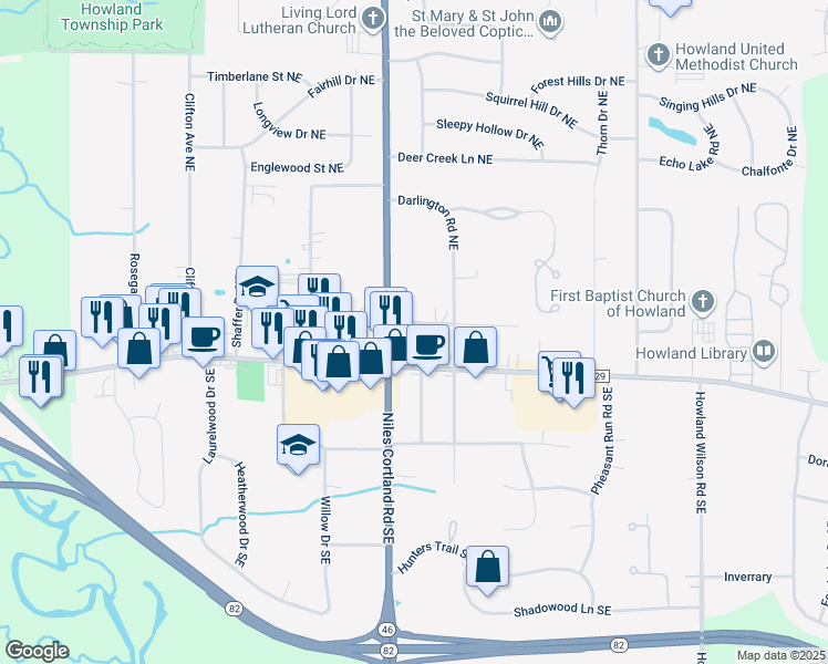 map of restaurants, bars, coffee shops, grocery stores, and more near 8454 High Street Northeast in Warren