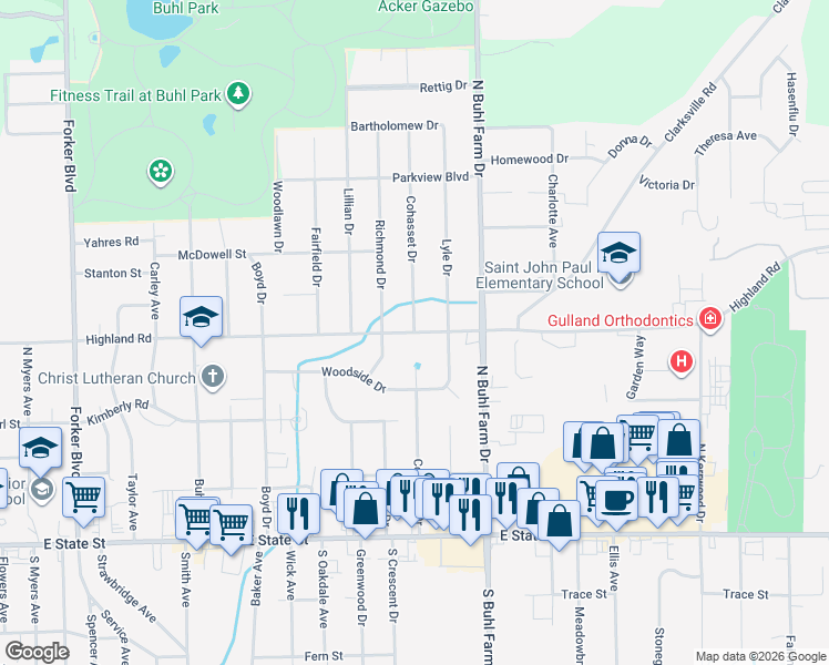 map of restaurants, bars, coffee shops, grocery stores, and more near Cohasset Drive in Hermitage