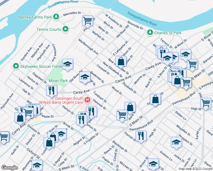 map of restaurants, bars, coffee shops, grocery stores, and more near 260 Carey Avenue in Wilkes-Barre