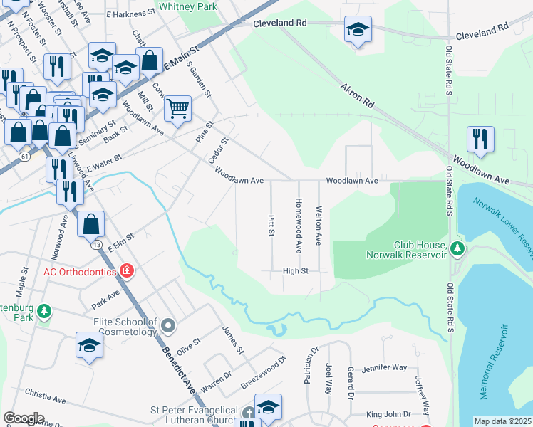 map of restaurants, bars, coffee shops, grocery stores, and more near 14 Pitt Street in Norwalk