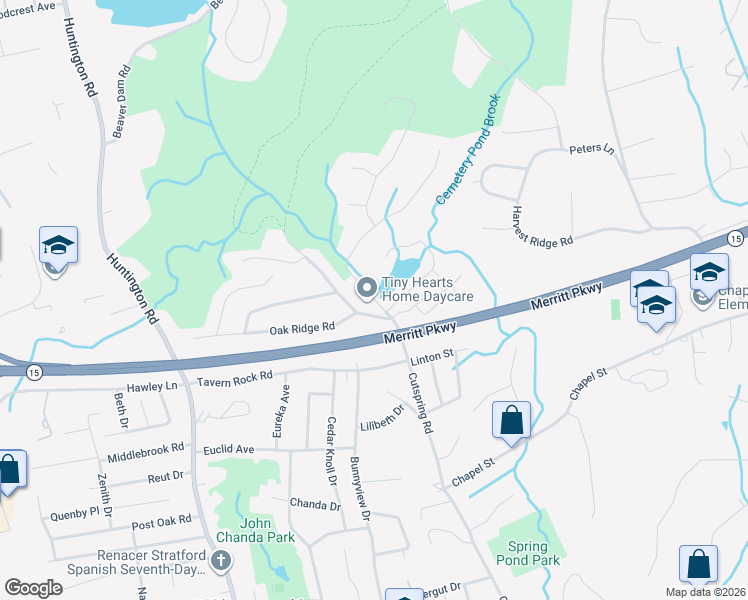 map of restaurants, bars, coffee shops, grocery stores, and more near 1600 Cutspring Road in Stratford