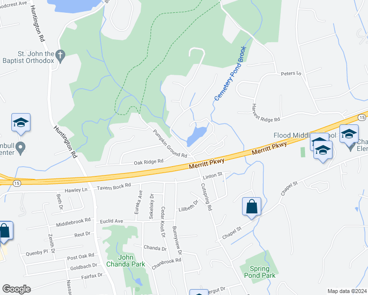 map of restaurants, bars, coffee shops, grocery stores, and more near 1538 Cutspring Road in Stratford