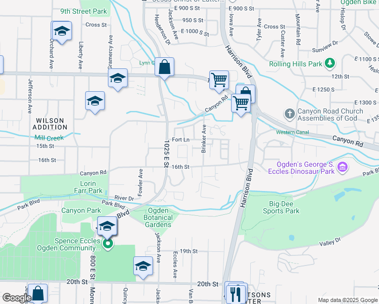 map of restaurants, bars, coffee shops, grocery stores, and more near 1489 Brinker Avenue in Ogden